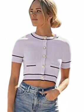 Express Lavender Short Sleeve Cardigan Black Contrast Trim Cropped Sweater GUC